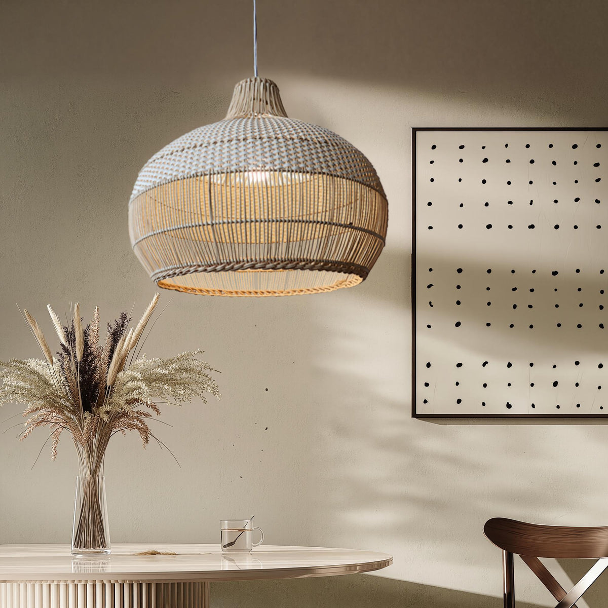 Handwoven Rattan Pendant Light for Kitchen Island – Boho Ceiling Lamp