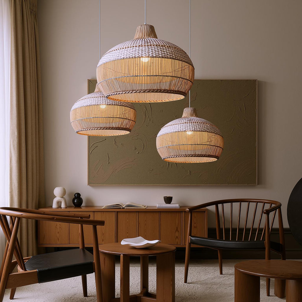 Handwoven Rattan Pendant Light for Kitchen Island – Boho Ceiling Lamp