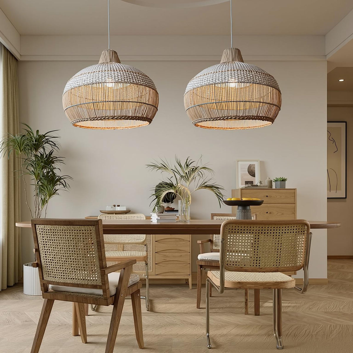 Handwoven Rattan Pendant Light for Kitchen Island – Boho Ceiling Lamp