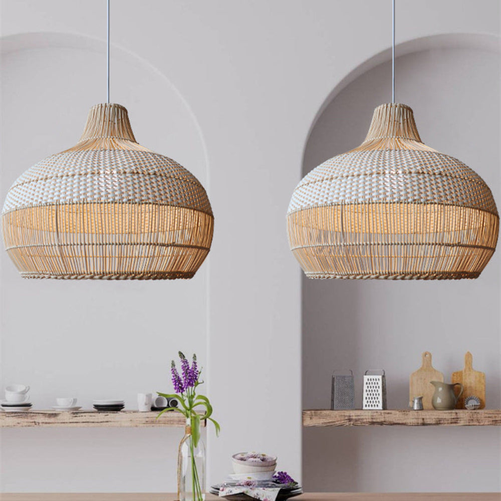 Handwoven Rattan Pendant Light for Kitchen Island – Boho Ceiling Lamp